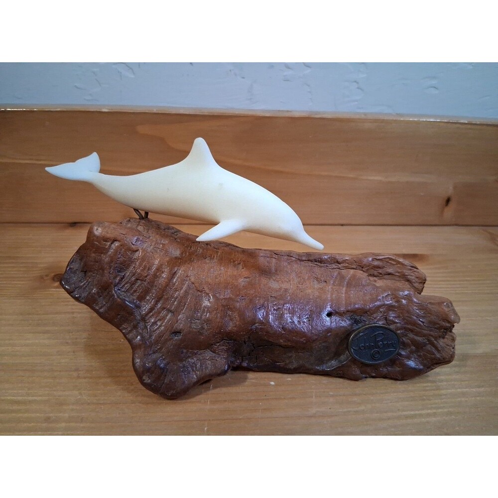 Dolphin Porpoise Sculpture John Perry Signed Burlwood 3.5x7" Ocean Sealife